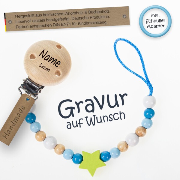 Timfanie® Schnullerkette | Blue-Lemon-Star, mit Gravur & Multiadapter Ring
