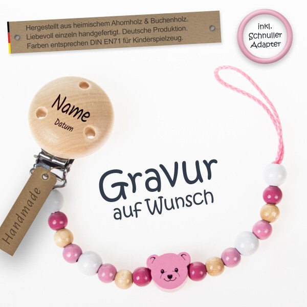 Timfanie® Schnullerkette | Teddy-Berry, mit Gravur & Multiadapter Ring