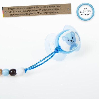 Timfanie® Schnullerkette | Blue-Teddy & Choco, mit Gravur & Multiadapter Ring
