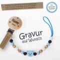 Timfanie® Schnullerkette | Blue-Teddy & Choco, mit Gravur & Multiadapter Ring