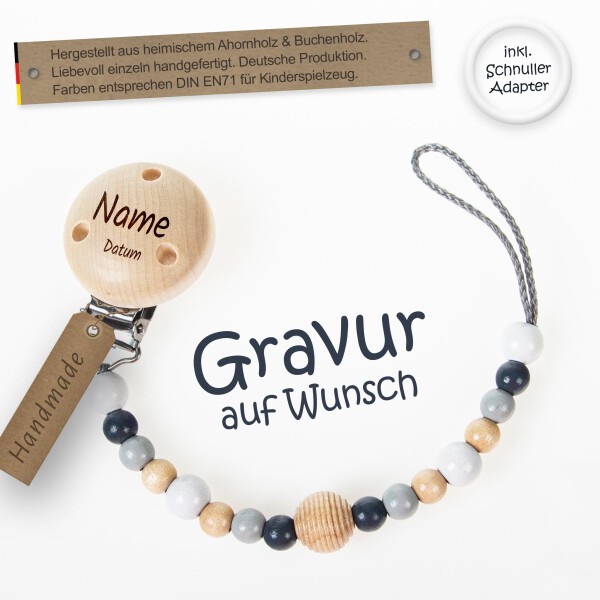 Timfanie® Schnullerhalter | Pure nature Baby, mit Gravur & Multiadapter Ring