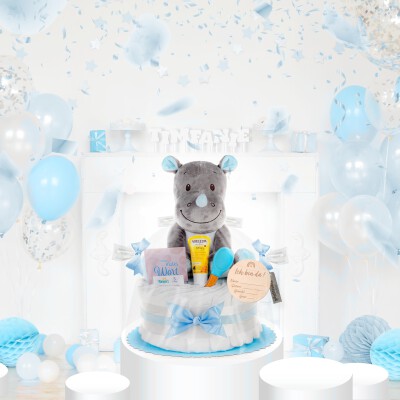 Windeltorte | Kuschel Nashorn | blau | 0-8 Monate